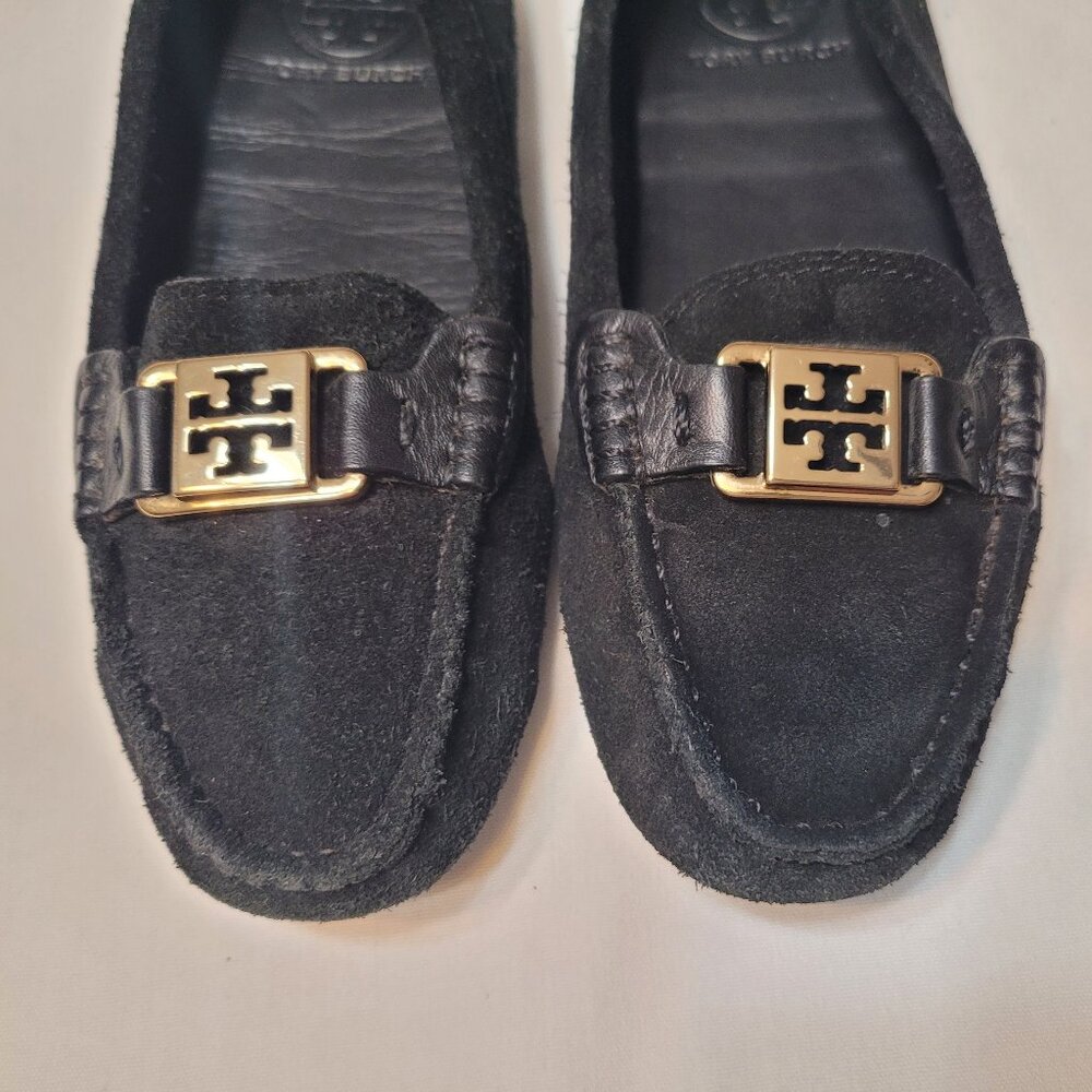 Tory Burch Kendrick Driving Moccasin Loafer Flats Black Suede Leather Emblem 6M
